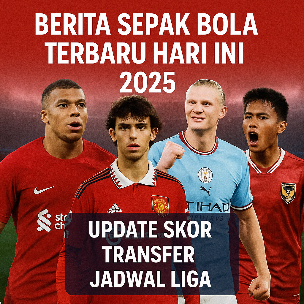 Pemain sepak bola Mbappé, João Félix, Haaland, dan Marselino Ferdinan dengan latar stadion dan teks "Berita Sepak Bola Terbaru Hari Ini 2025