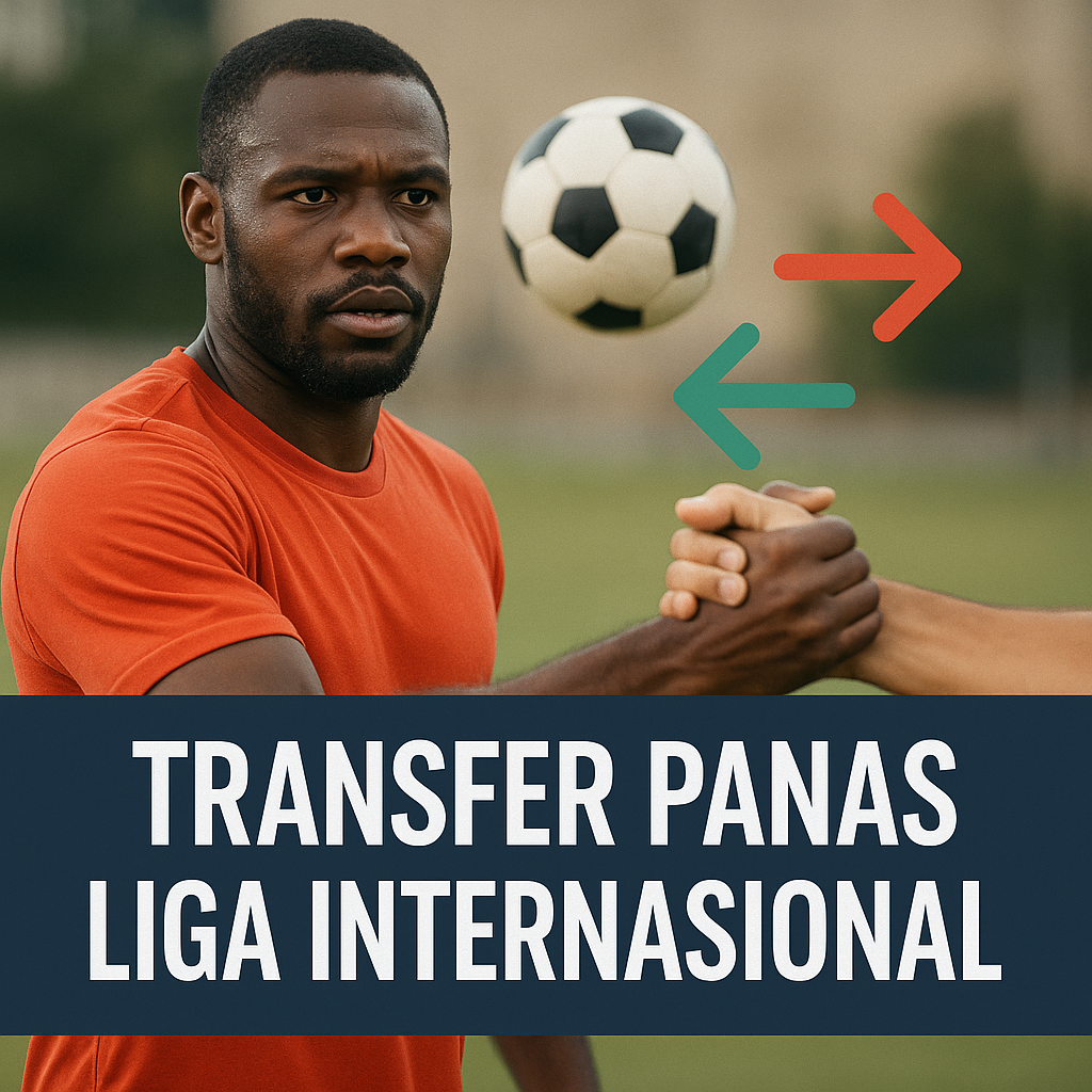 Pemain bola pria kulit hitam berjabat tangan, dengan latar bola dan panah transfer