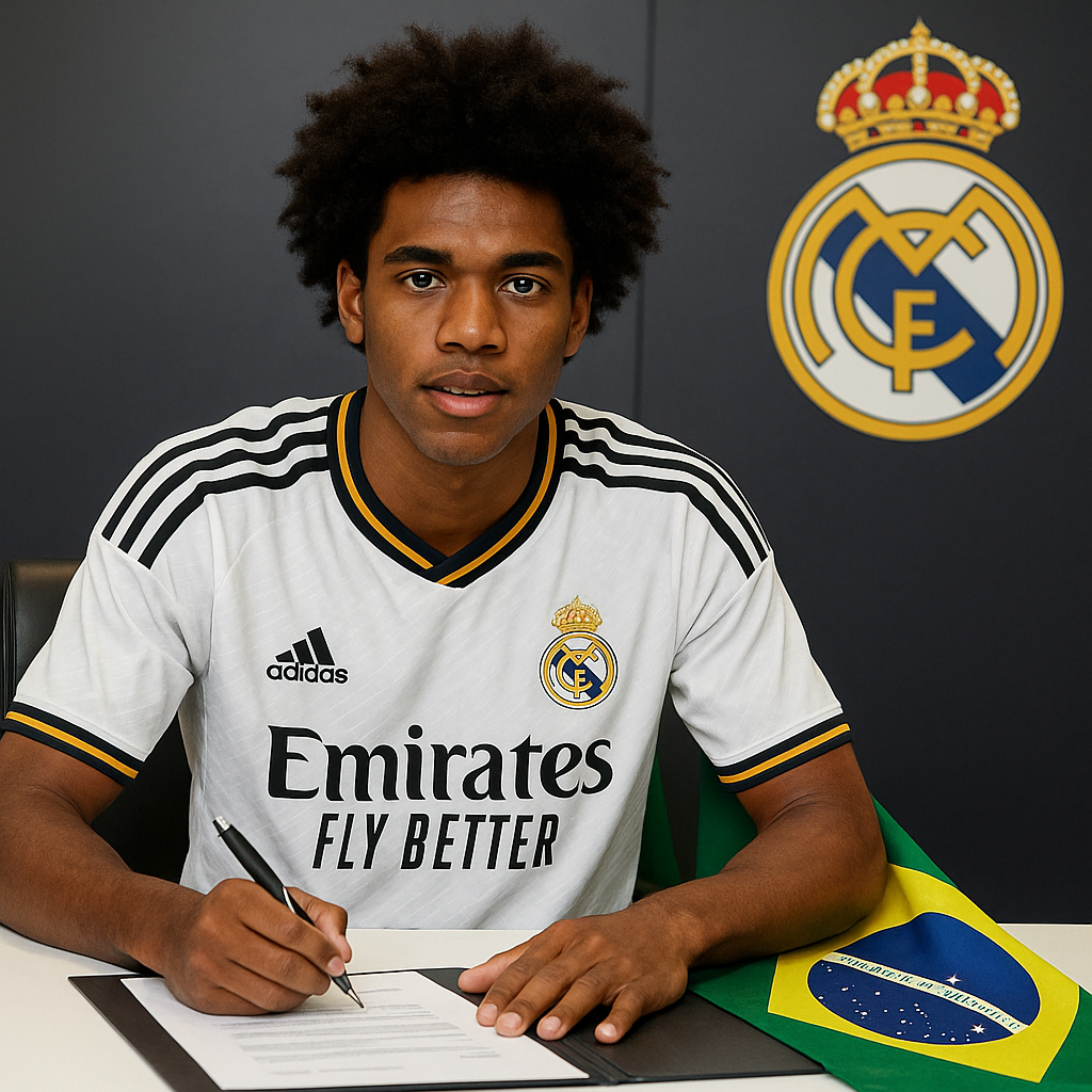 Pemain muda asal Brasil menandatangani kontrak bersama Real Madrid di ruang konferensi pers dengan latar logo klub dan bendera Brasil.