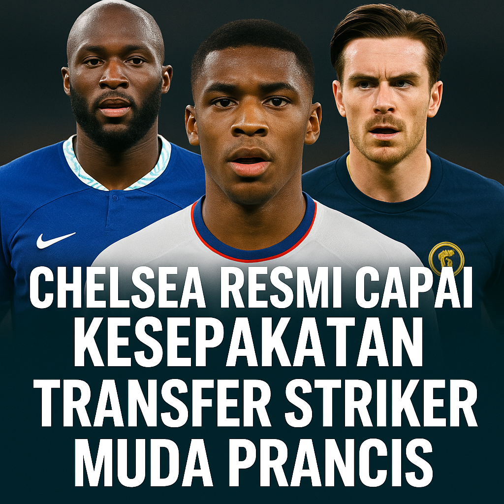 Kolase empat pemain sepak bola dengan sorotan pada striker muda Prancis yang dikabarkan bergabung ke Chelsea, disertai judul transfer besar di bagian bawah gambar.