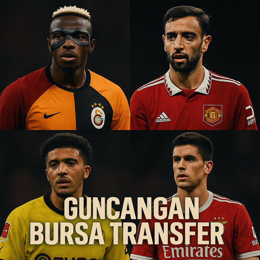 Kolase empat pemain sepak bola: Victor Osimhen, Bruno Fernandes, Jadon Sancho, dan João Cancelo dalam nuansa gelap bergaya poster dengan tulisan 'Guncangan Bursa Transfer'.