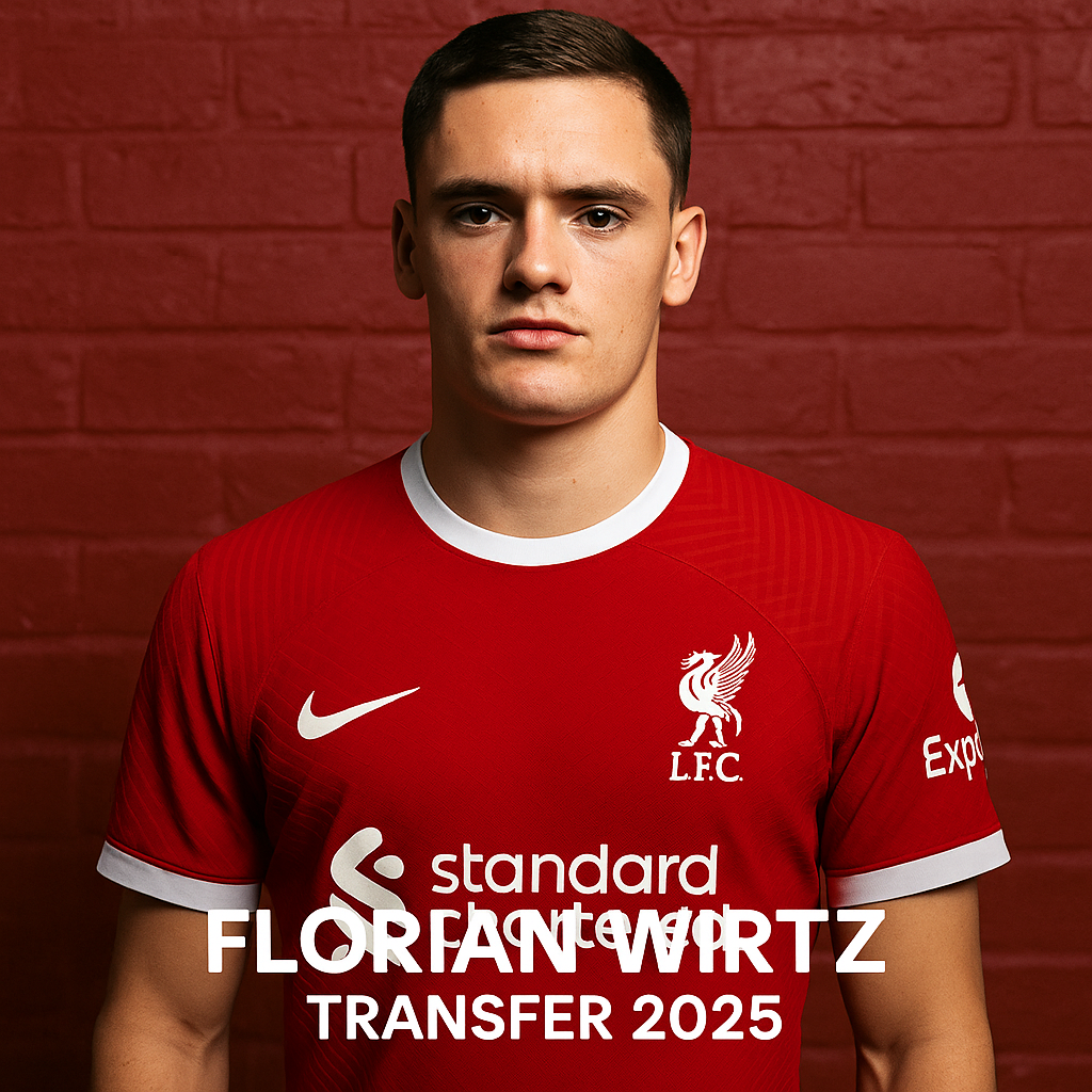 Florian Wirtz mengenakan jersey merah Liverpool FC dengan tulisan Transfer 2025 di latar dinding bata merah.