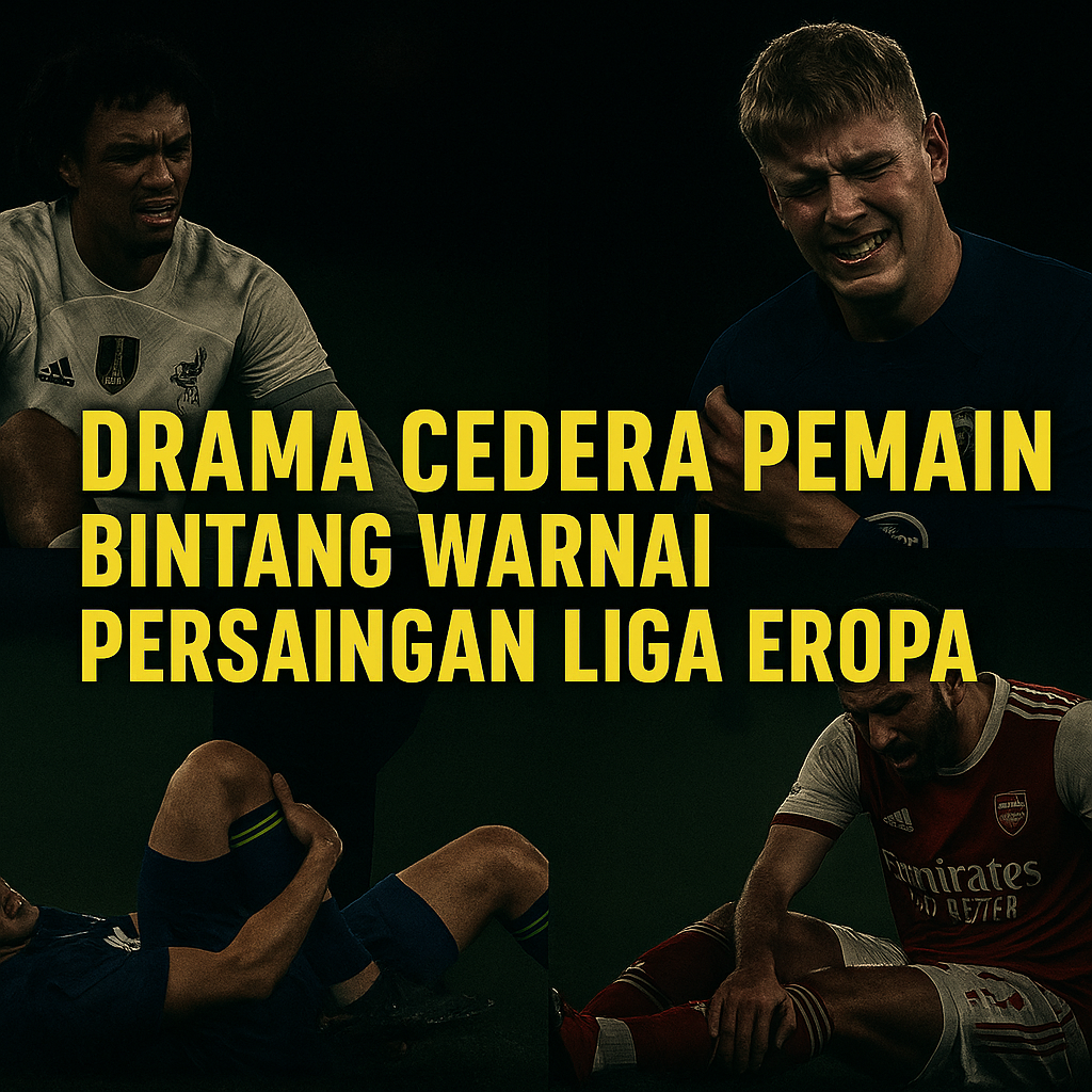 Kolase pemain sepak bola cedera dengan tampilan gelap, menampilkan bintang dari Liverpool, Chelsea, Juventus, dan Arsenal sebagai ilustrasi drama cedera pemain di Liga Eropa.